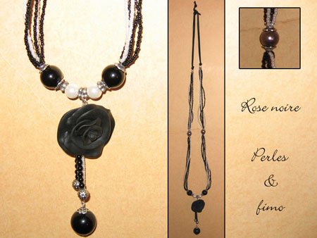 Collier "Rose noire" - perles et pâte FIMO